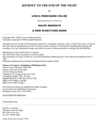 Louis-Ferdinand Celine: Journey to the end of the night (1983, New Directions)