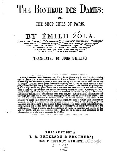 Émile Zola: Bonheur des dames, or, The shop girls of Paris (1883, T.B. Peterson & Bros.)