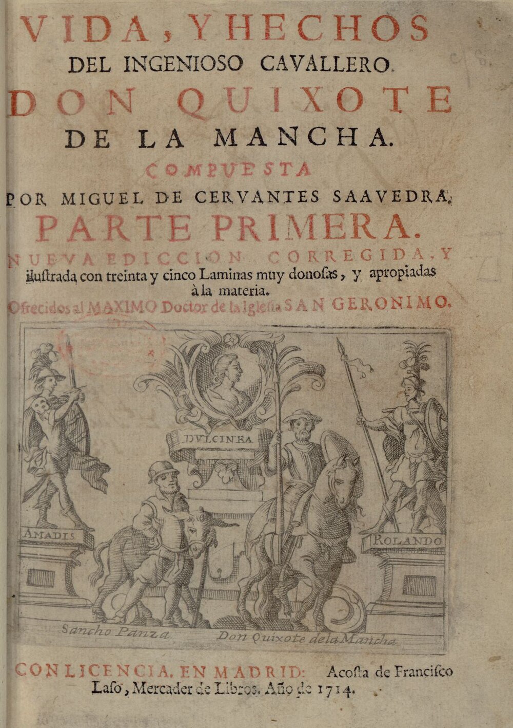 Miguel de Cervantes: Vida, y hechos del ingenioso cavallero Don Quixote de la Mancha (Spanish language, 1714)